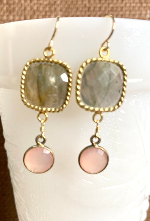#467 pink chalcedony/labradorite bezeled earrings