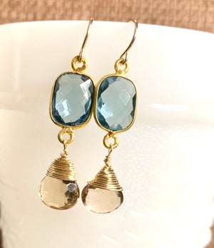#469 citrine drops/blue Quartz bezeled earrings