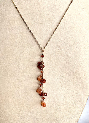 #183 sunstone drops/garnet necklace