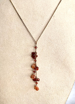 #183 sunstone drops/garnet necklace