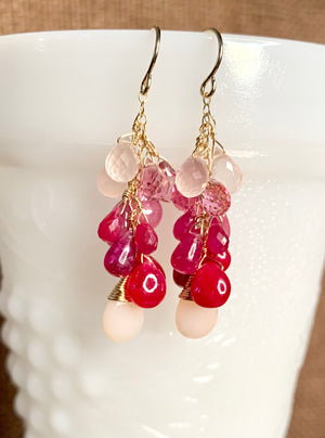 #401 pink opal,Ruby,pink sapphire, rose Quartz drops earrings