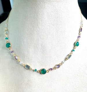 #451 multi gems/shapes, green onyx, aquamarine, amethyst, necklace